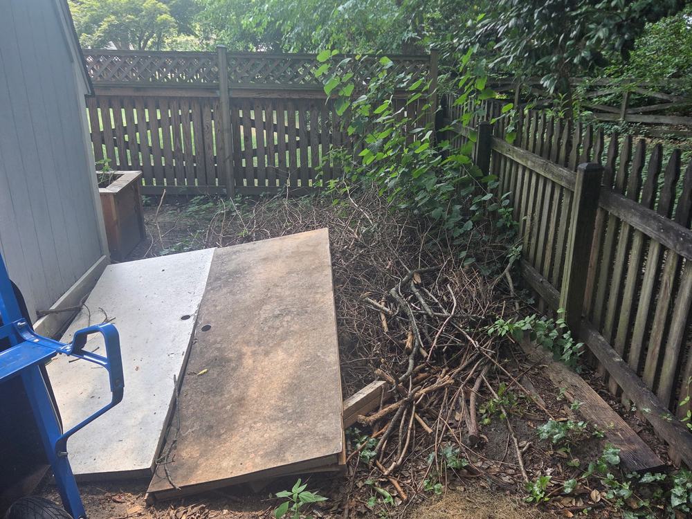 Backyard brush pile with cut branches and old boards stacked along the fence before yard waste cleanup in Millersville, MD